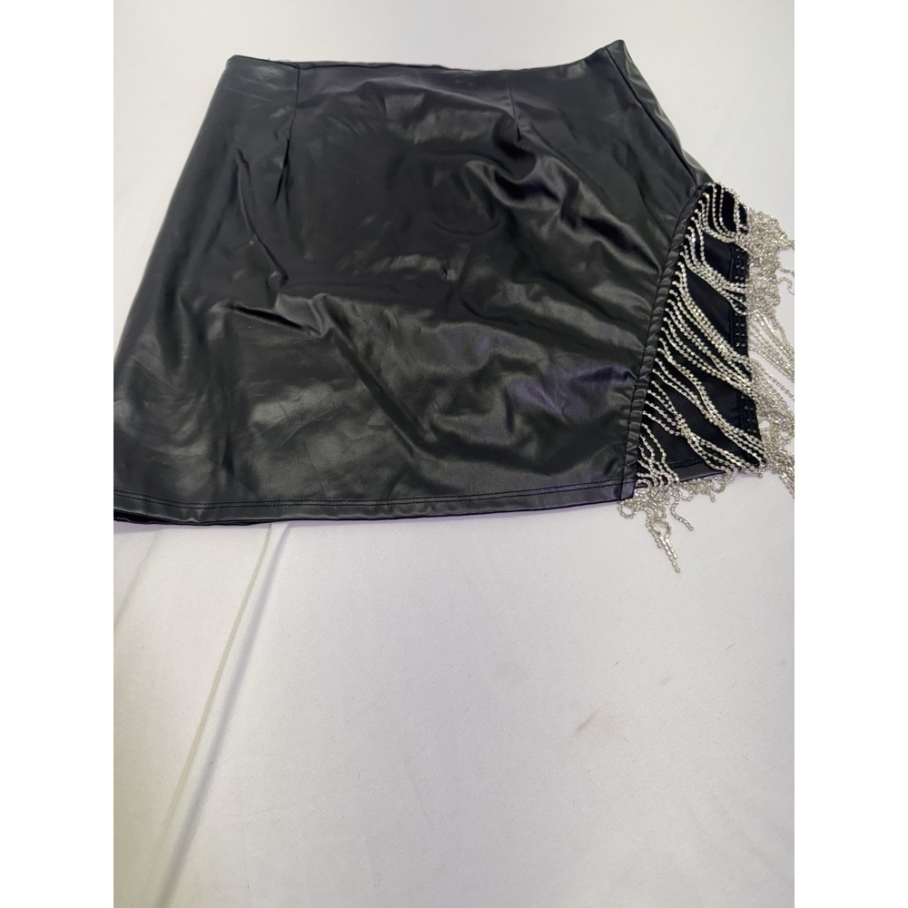 Windsor Black All The Dazzle Faux Leather Rhinestone Fringe Mini Skirt M Biker‎